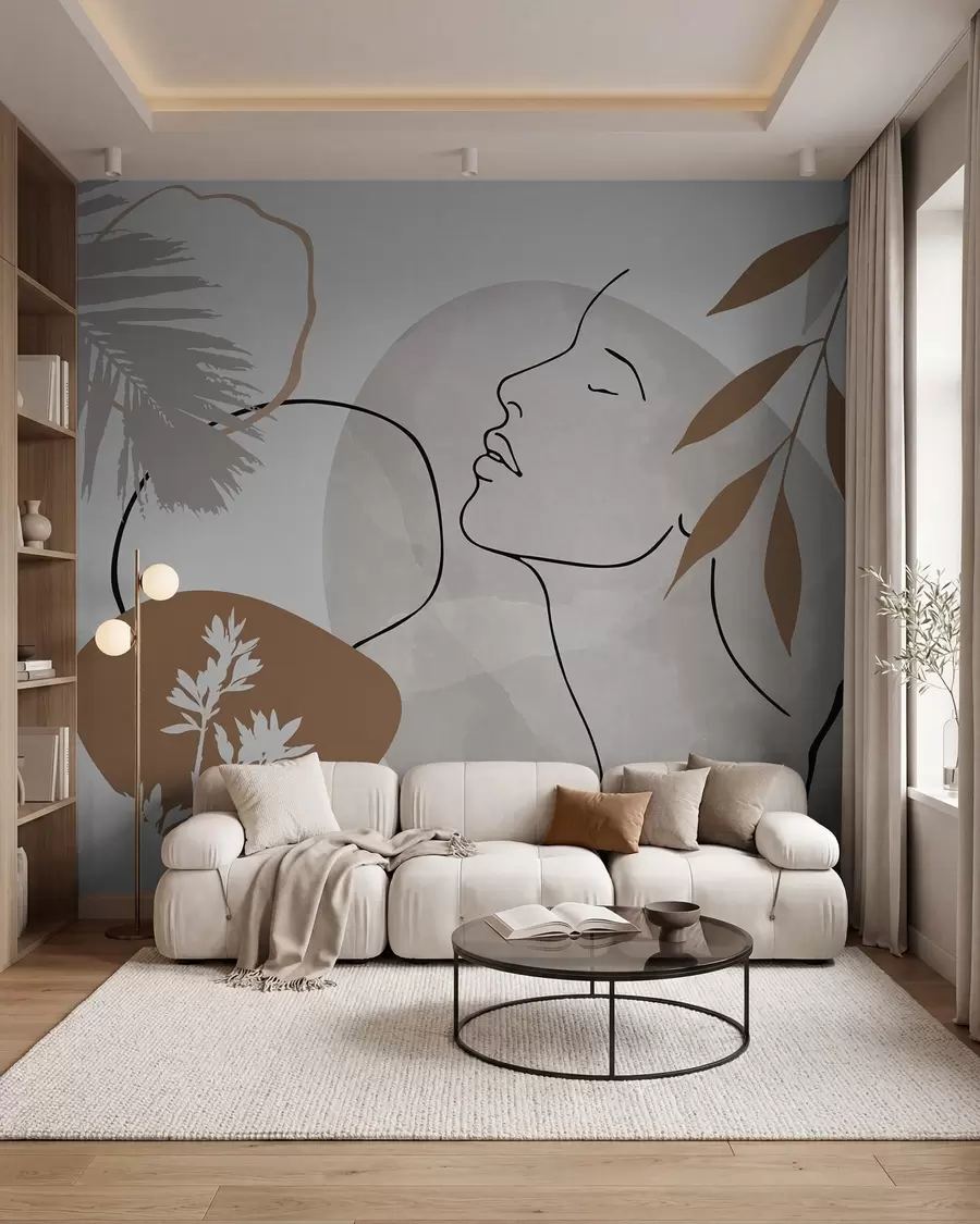 zidne murale Apstrakcija s vegetacijom i siluetom lica w05776