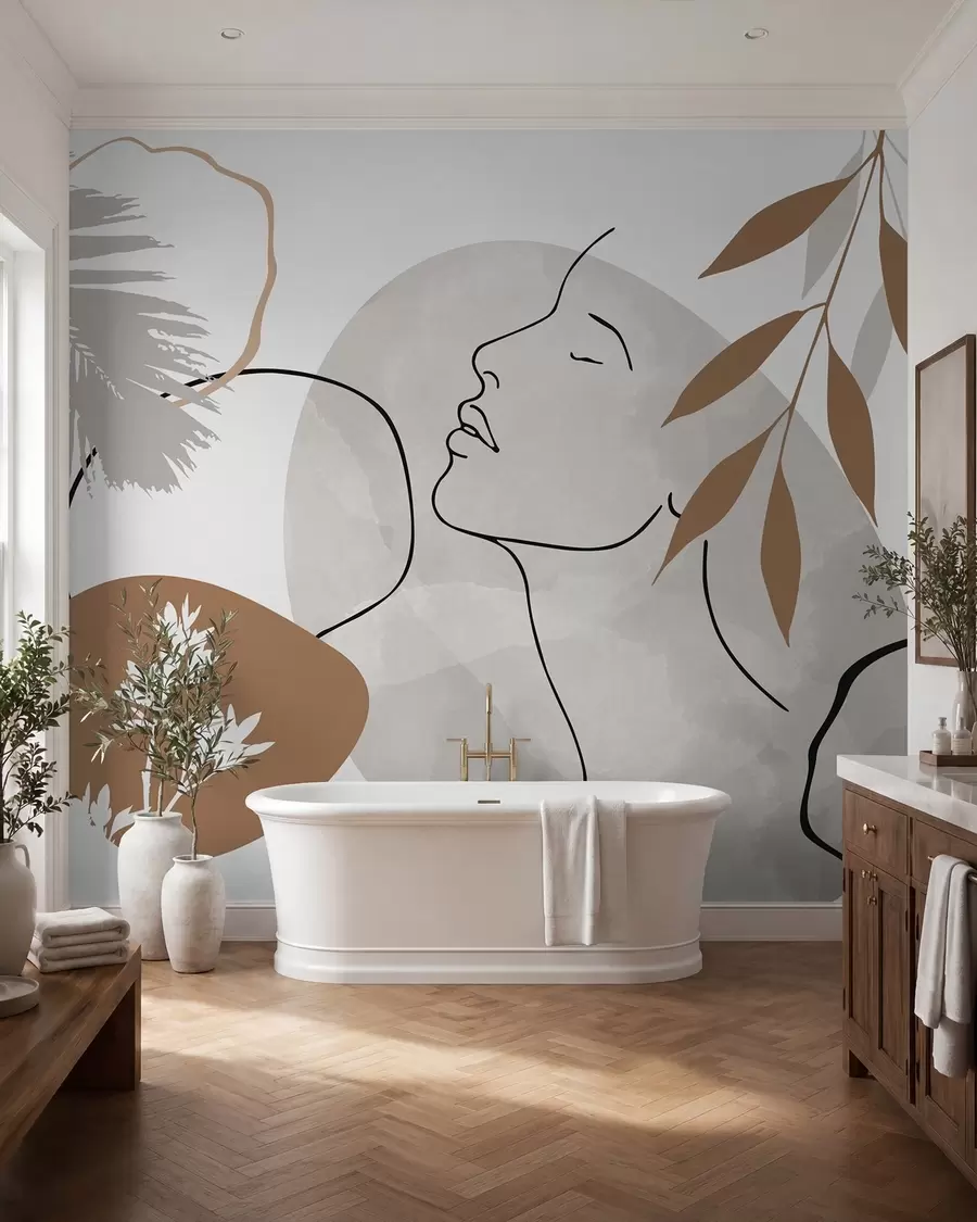 zidne murale Apstrakcija s vegetacijom i siluetom lica w05776