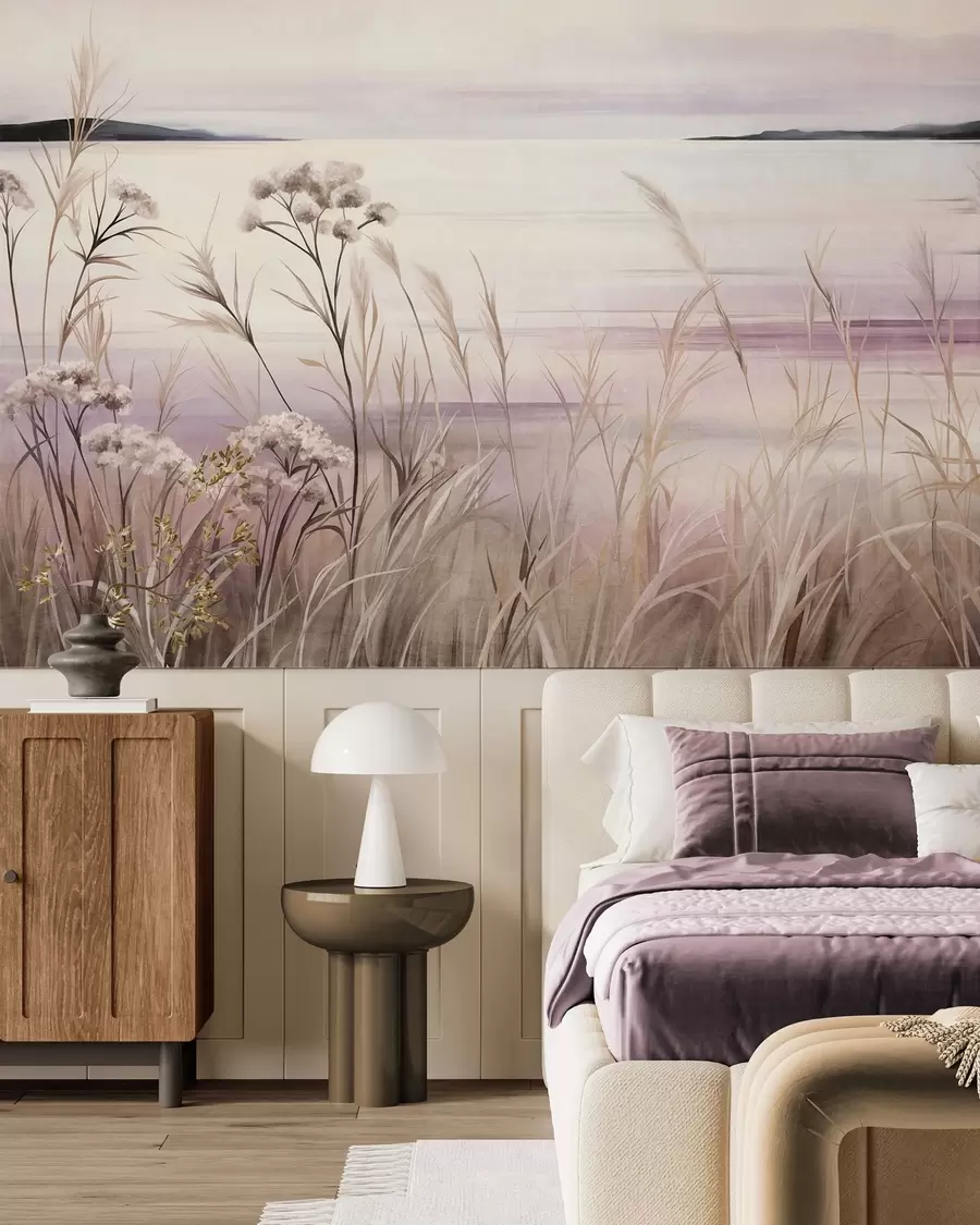 zidne murale Pejzažno teksturirano suho cvijeće i visoka trava u blizini rijeke, meko, pastelno nebo w09939