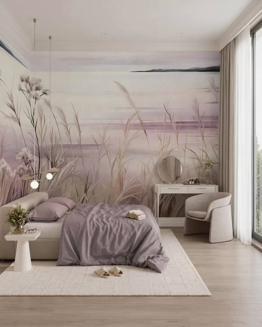 zidne murale Pejzažno teksturirano suho cvijeće i visoka trava u blizini rijeke, meko, pastelno nebo w09939