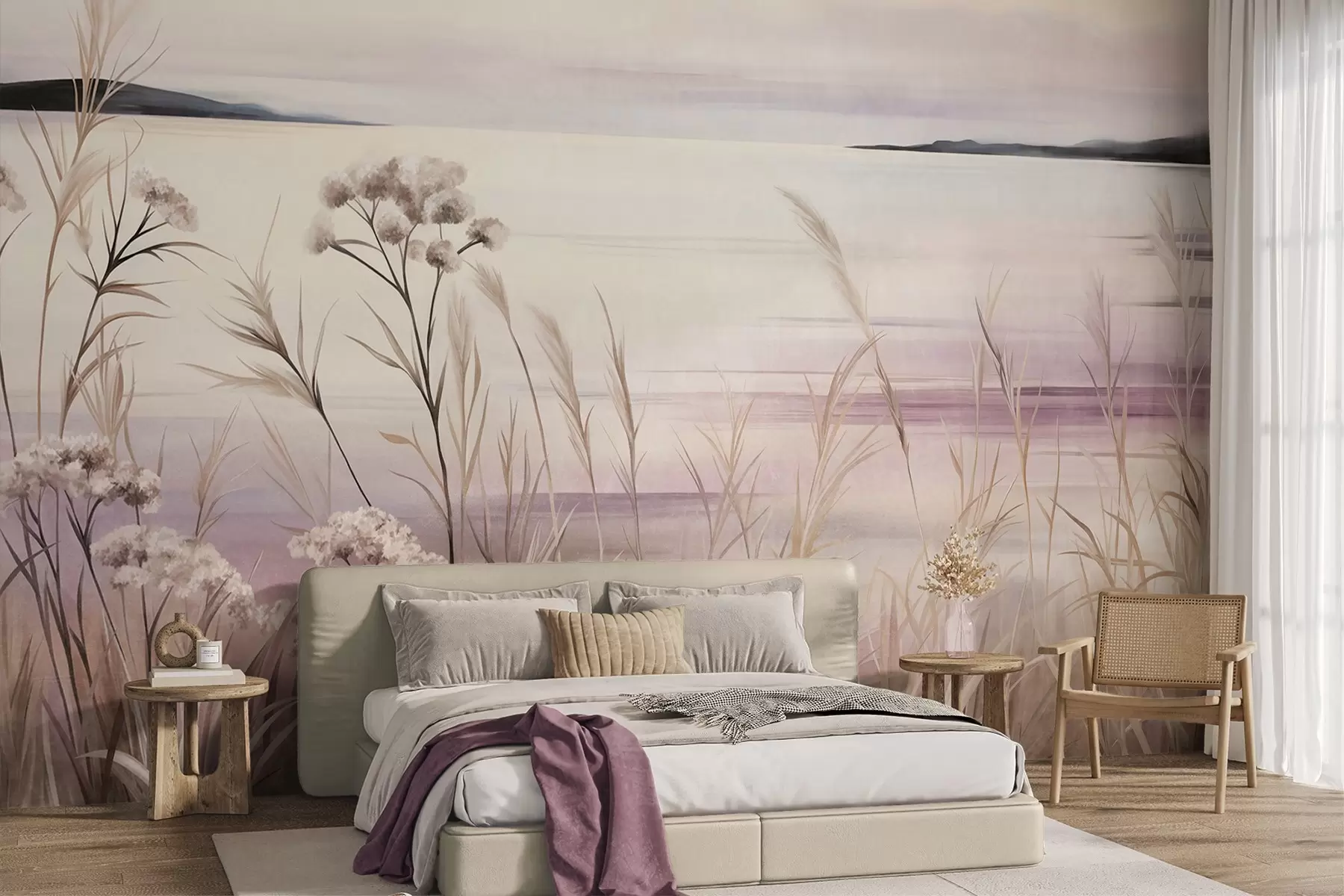 zidne murale Pejzažno teksturirano suho cvijeće i visoka trava u blizini rijeke, meko, pastelno nebo w09939