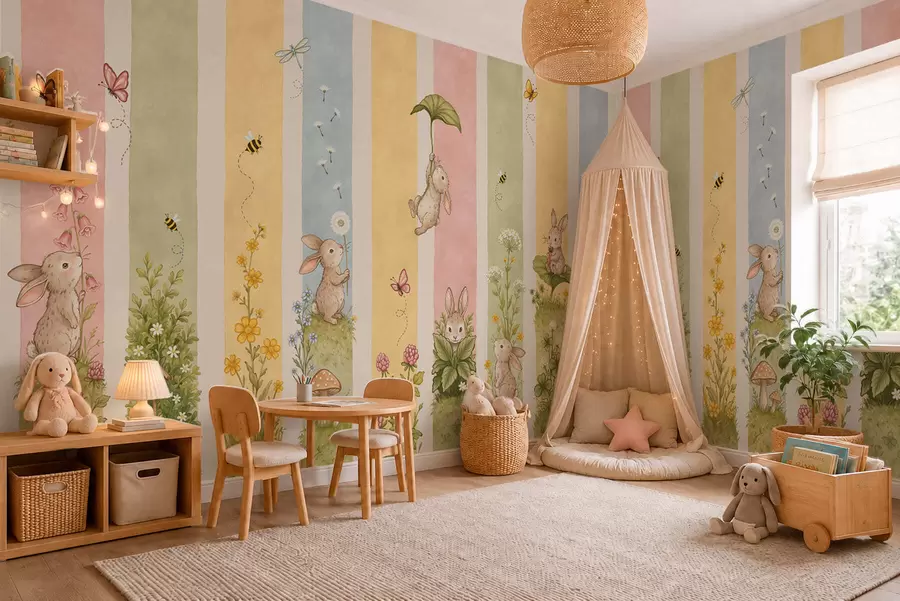 zidne murale Pastelne pruge sa zečevima, cvijećem, leptirima i pčelama w05730