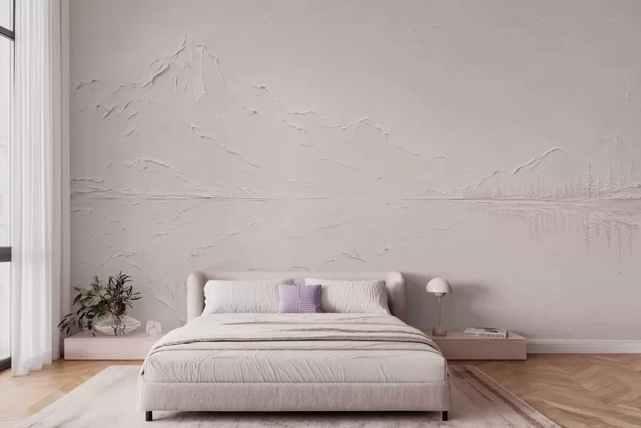 zidne murale Svijetloružičasti, teksturirani planinski krajolik s jezerom poput zrcala w05739v1