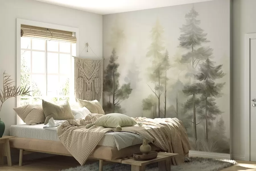 zidne murale Teksturirana šuma s visokim borovima u nijansama zelene i žute, s mekom laganom maglom w09982v2