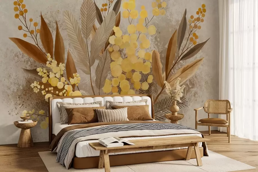 zidne murale Oslikane grane mimoze i herbarij u toplim nijansama w05659