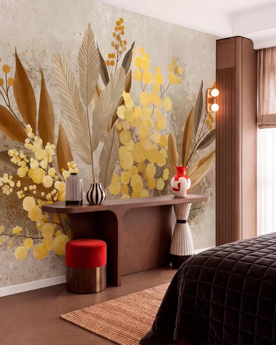 zidne murale Oslikane grane mimoze i herbarij u toplim nijansama w05659
