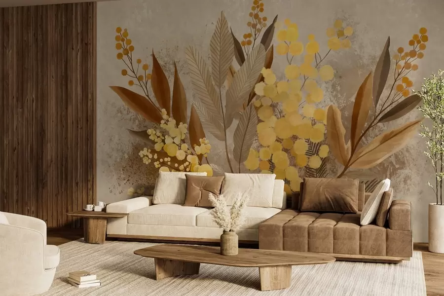 zidne murale Oslikane grane mimoze i herbarij u toplim nijansama w05659