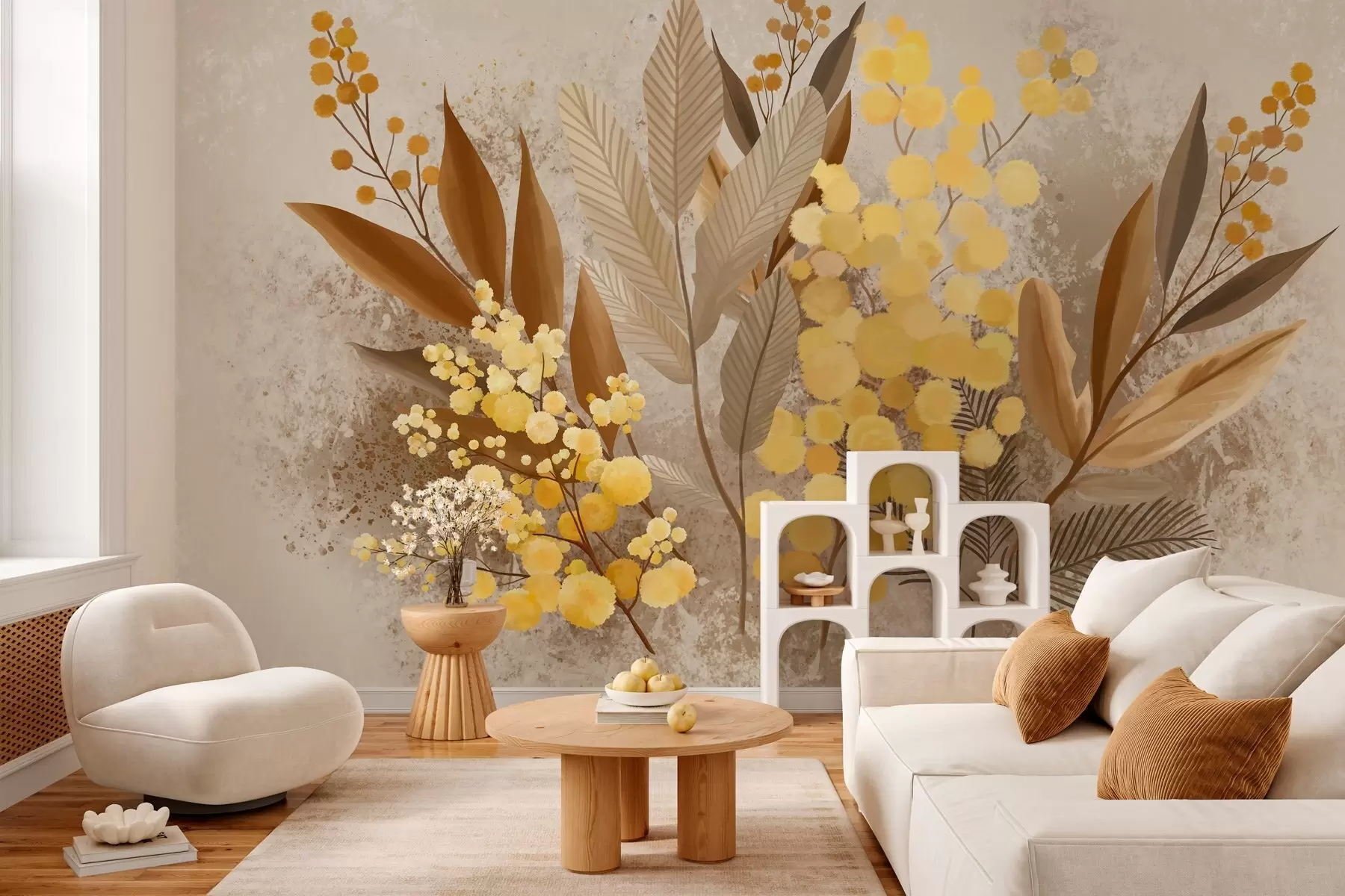 zidne murale Oslikane grane mimoze i herbarij u toplim nijansama w05659