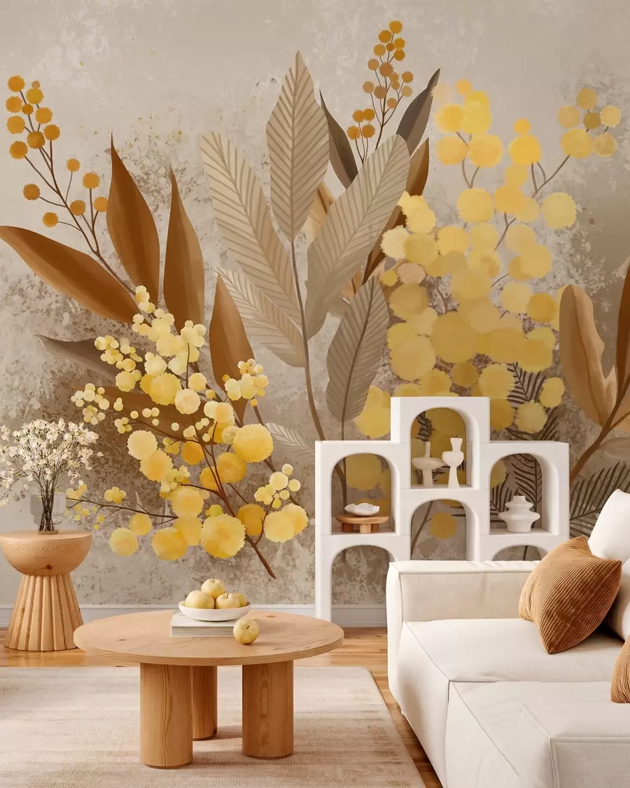 zidne murale Oslikane grane mimoze i herbarij u toplim nijansama w05659
