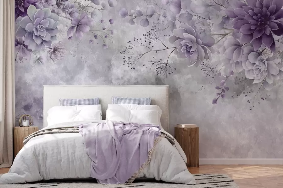 zidne murale Pogled odozgo na fantastično cvijeće u retro stilu, u nijansama ljubičaste w05753v2