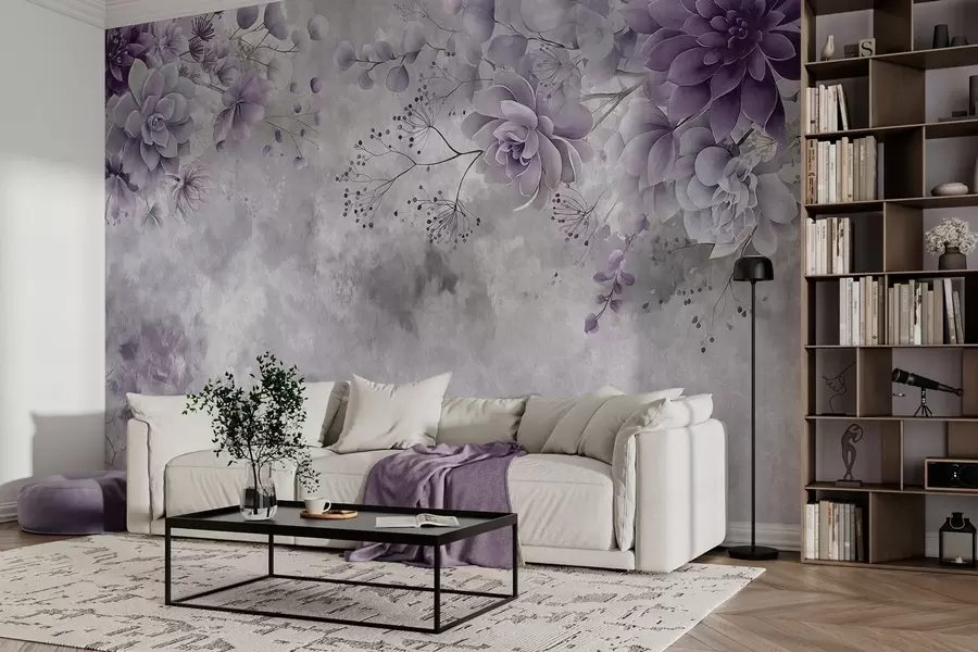 zidne murale Pogled odozgo na fantastično cvijeće u retro stilu, u nijansama ljubičaste w05753v2