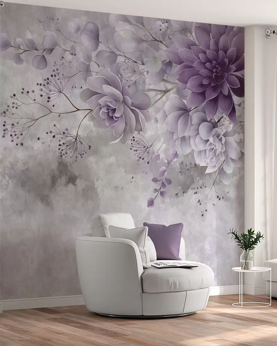 zidne murale Pogled odozgo na fantastično cvijeće u retro stilu, u nijansama ljubičaste w05753v2