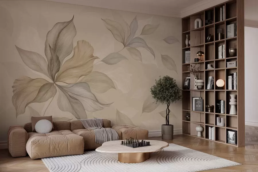 zidne murale Veliki ukrasni listovi na toploj pozadini w05733