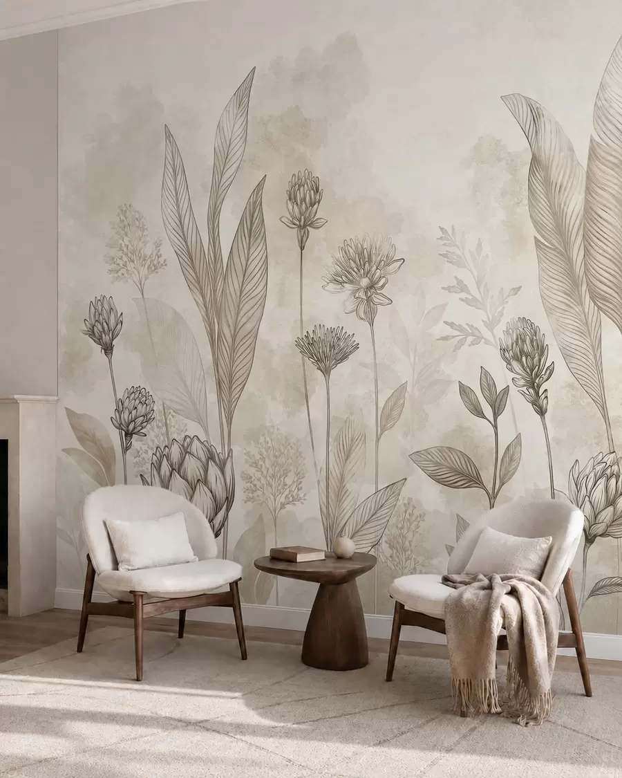 zidne murale Botanički sastav s cvijećem i lišćem w05802
