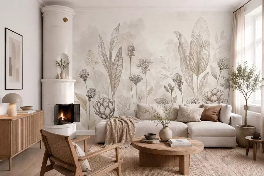 zidne murale Botanički sastav s cvijećem i lišćem w05802