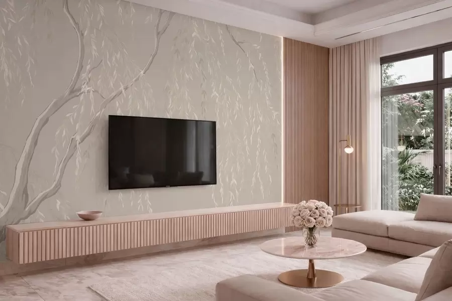 zidne murale Svijetle grane s bijelim lišćem na toploj pozadini w05812v2