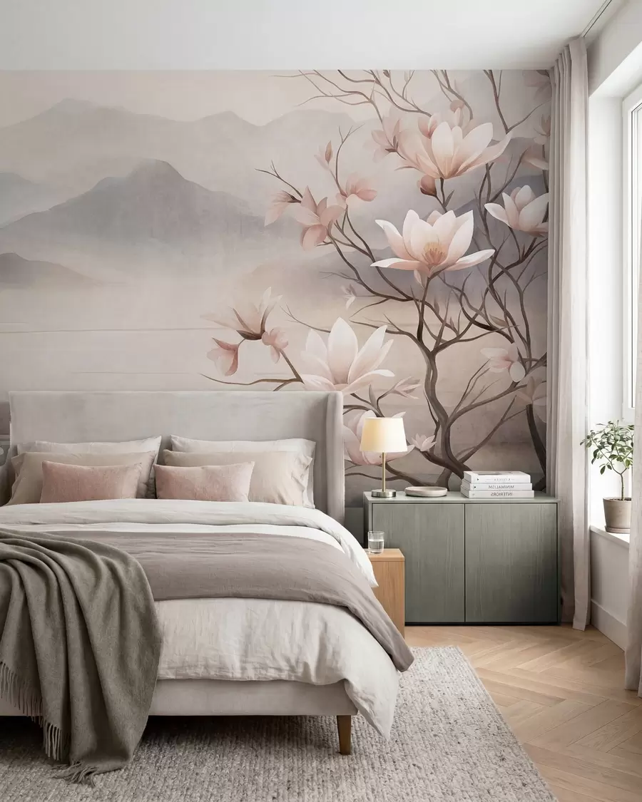 zidne murale Planine i cvjetajuće grane ružičaste magnolije, teksturirani krajolik w10013