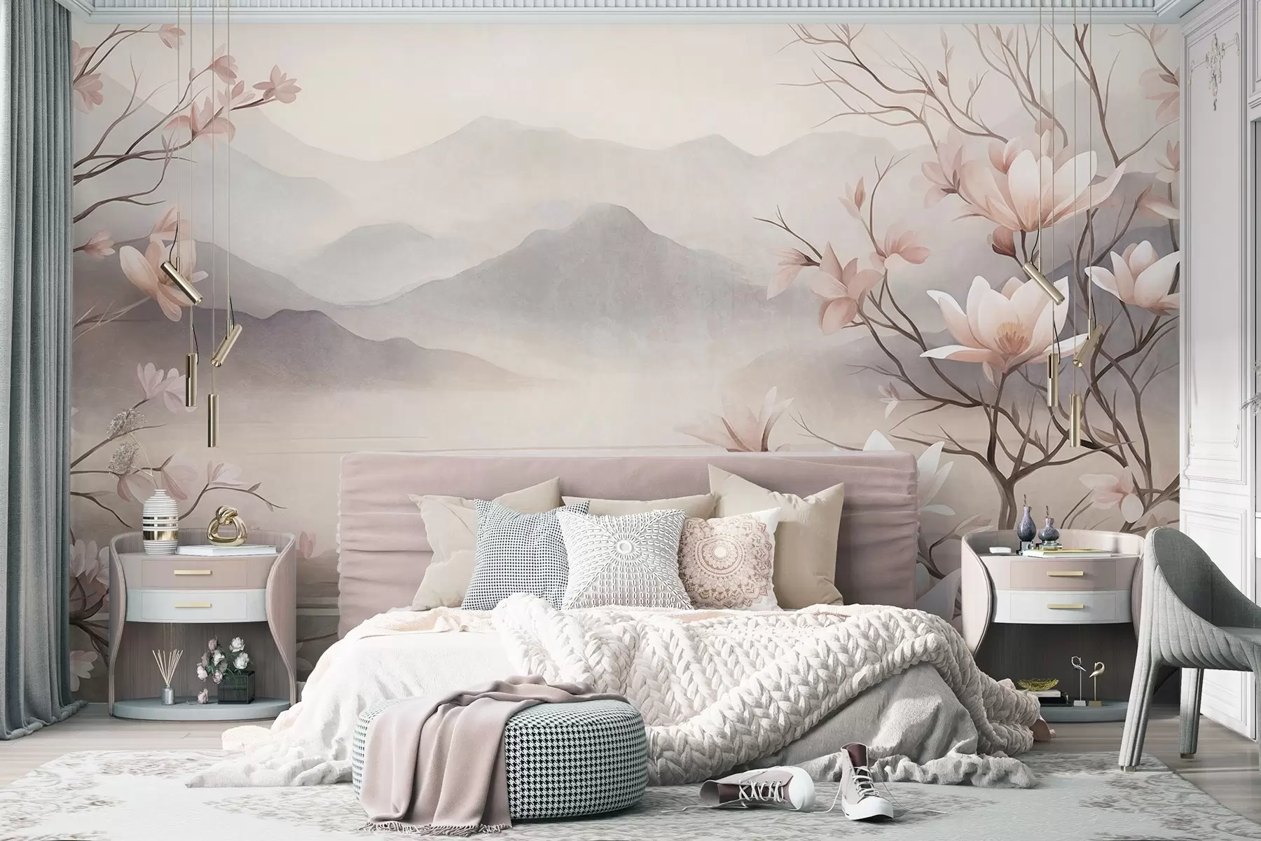 zidne murale Planine i cvjetajuće grane ružičaste magnolije, teksturirani krajolik w10013