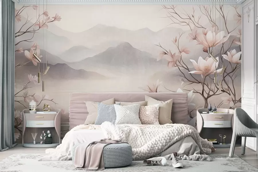 zidne murale Planine i cvjetajuće grane ružičaste magnolije, teksturirani krajolik w10013