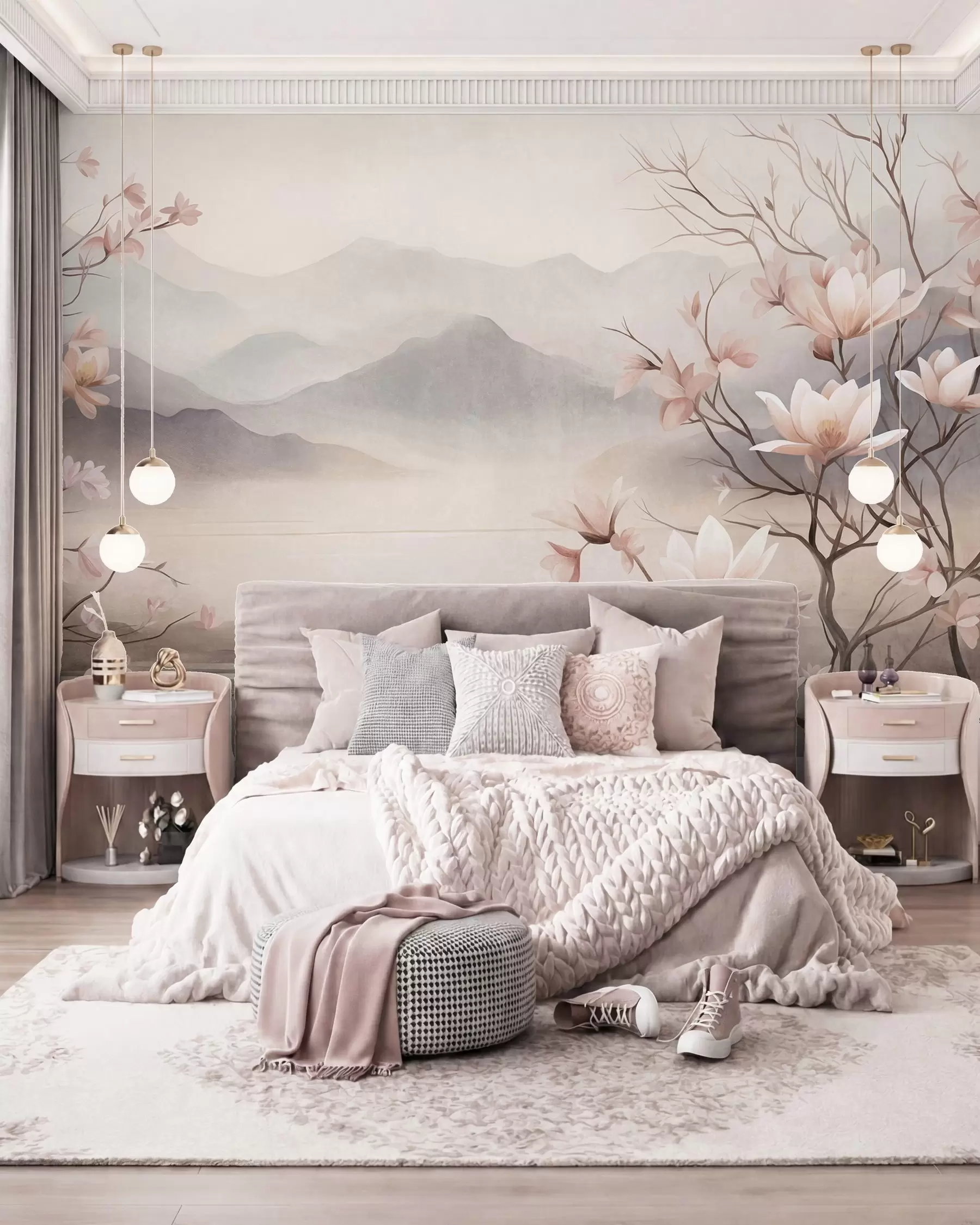 zidne murale Planine i cvjetajuće grane ružičaste magnolije, teksturirani krajolik w10013