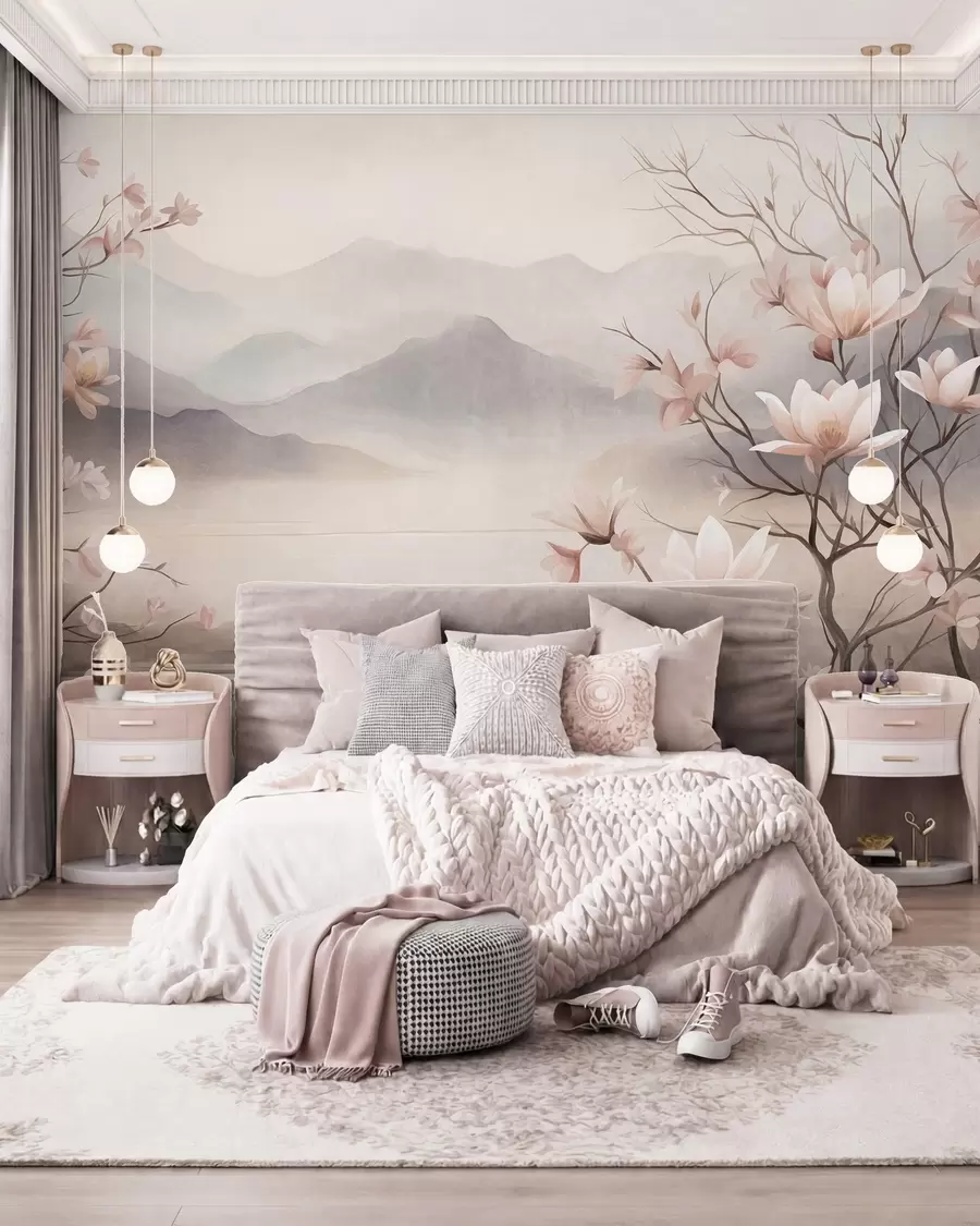 zidne murale Planine i cvjetajuće grane ružičaste magnolije, teksturirani krajolik w10013