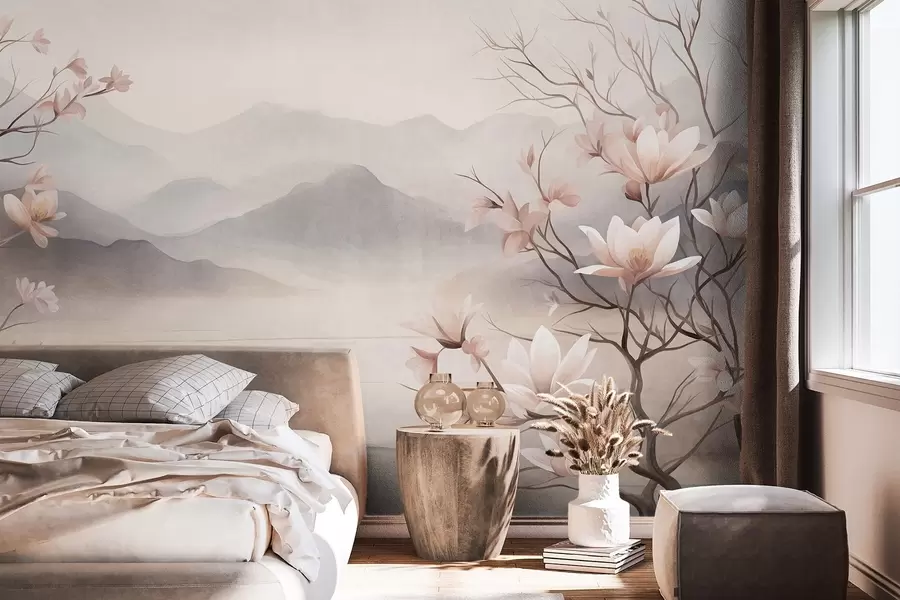 zidne murale Planine i cvjetajuće grane ružičaste magnolije, teksturirani krajolik w10013