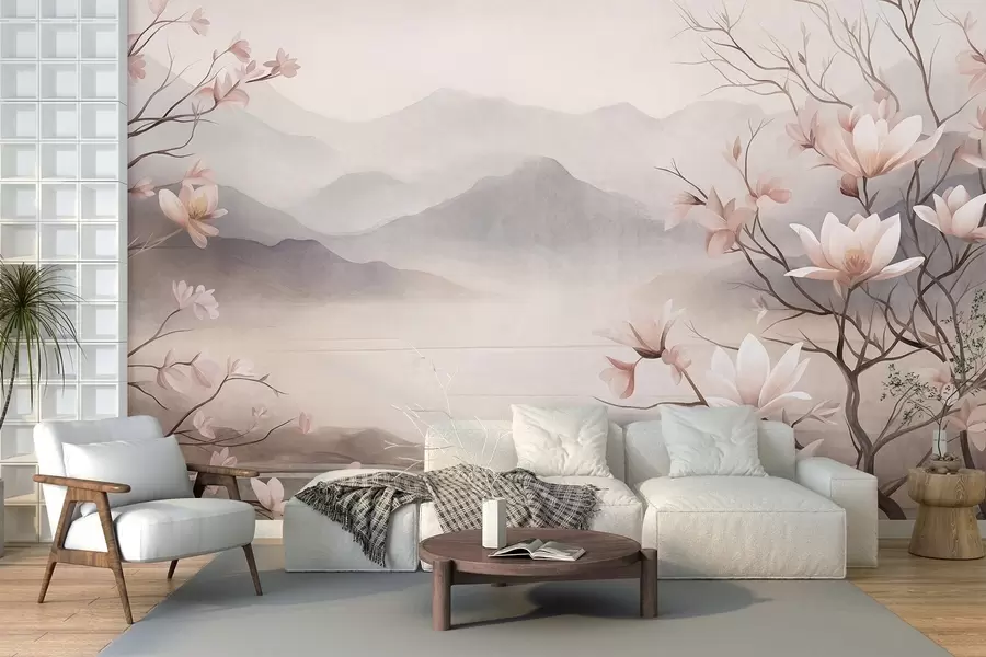 zidne murale Planine i cvjetajuće grane ružičaste magnolije, teksturirani krajolik w10013