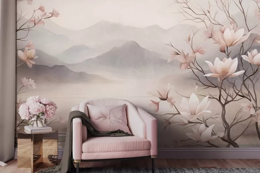 zidne murale Planine i cvjetajuće grane ružičaste magnolije, teksturirani krajolik w10013