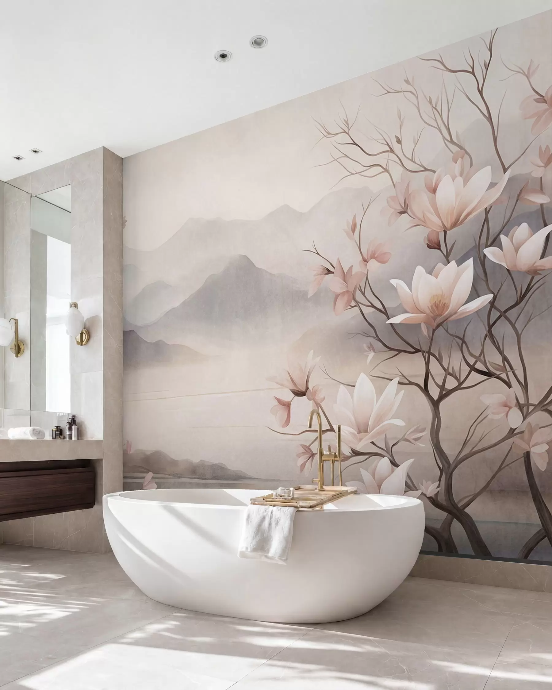 zidne murale Planine i cvjetajuće grane ružičaste magnolije, teksturirani krajolik w10013