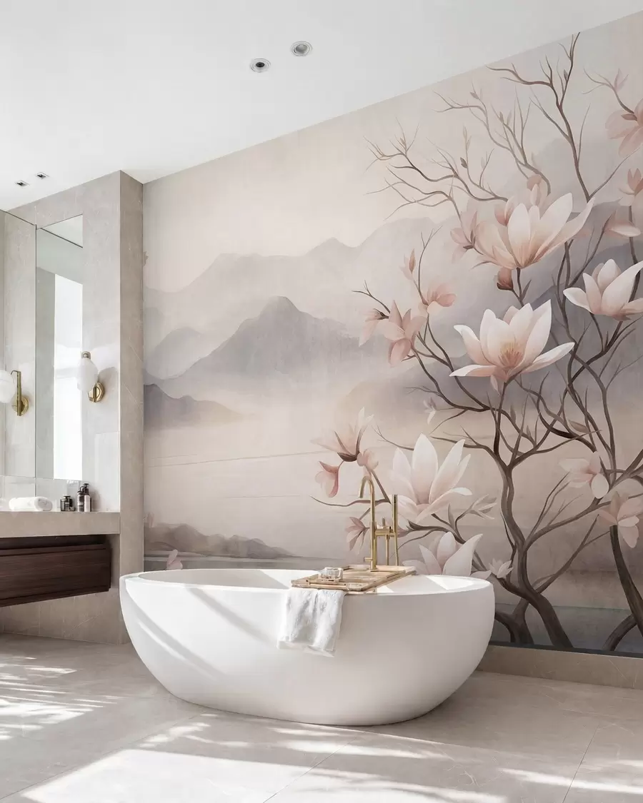zidne murale Planine i cvjetajuće grane ružičaste magnolije, teksturirani krajolik w10013