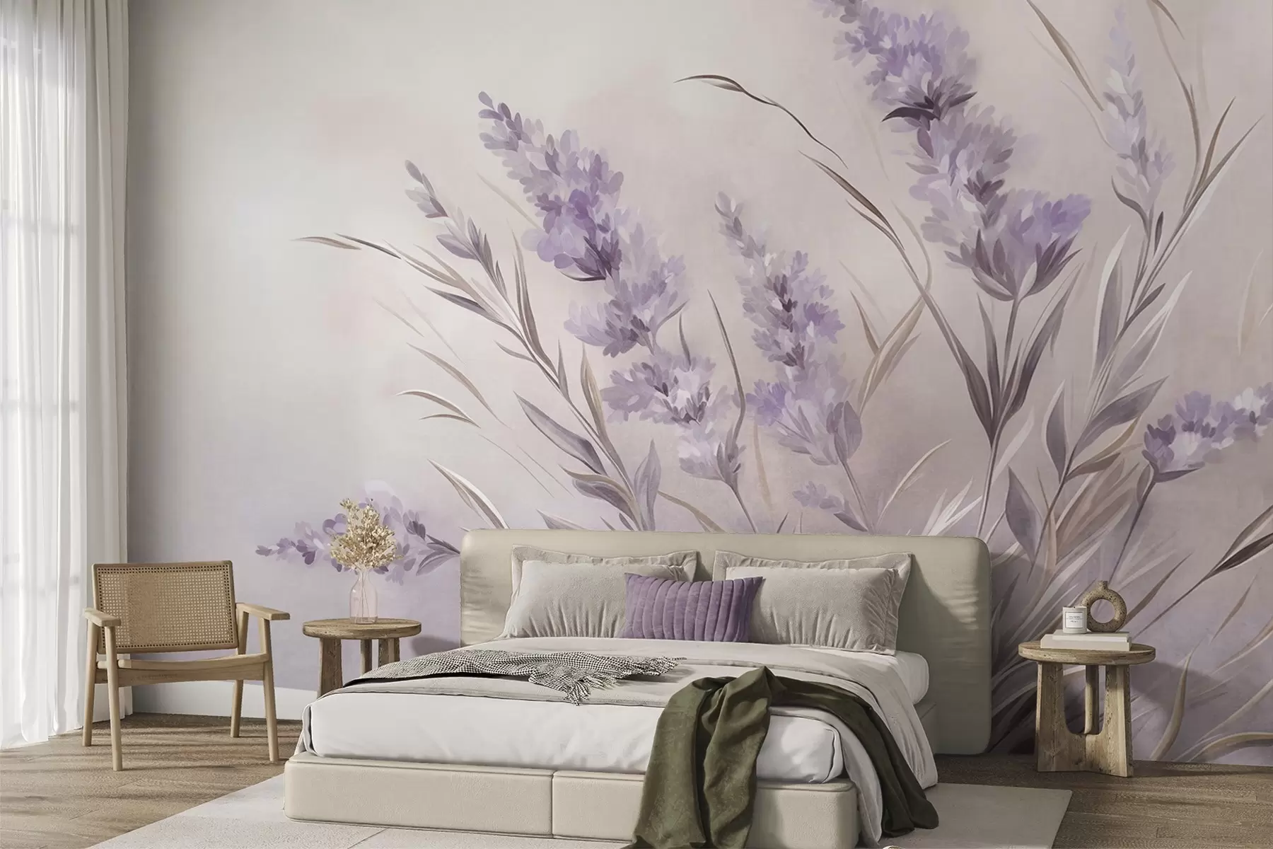 zidne murale Cvjetovi lavande s dugim stabljikama i listovima, umjetnost mekih pastelnih tekstura w10018