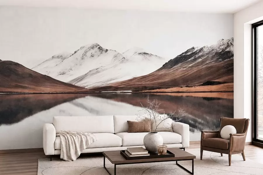 zidne murale Snježni planinski vrhovi i mirno jezero s odrazom poput zrcala w05816