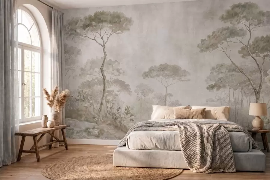 zidne murale Maglovita šuma uz mirnu vodu u mekim prirodnim pastelnim tonovima w05817