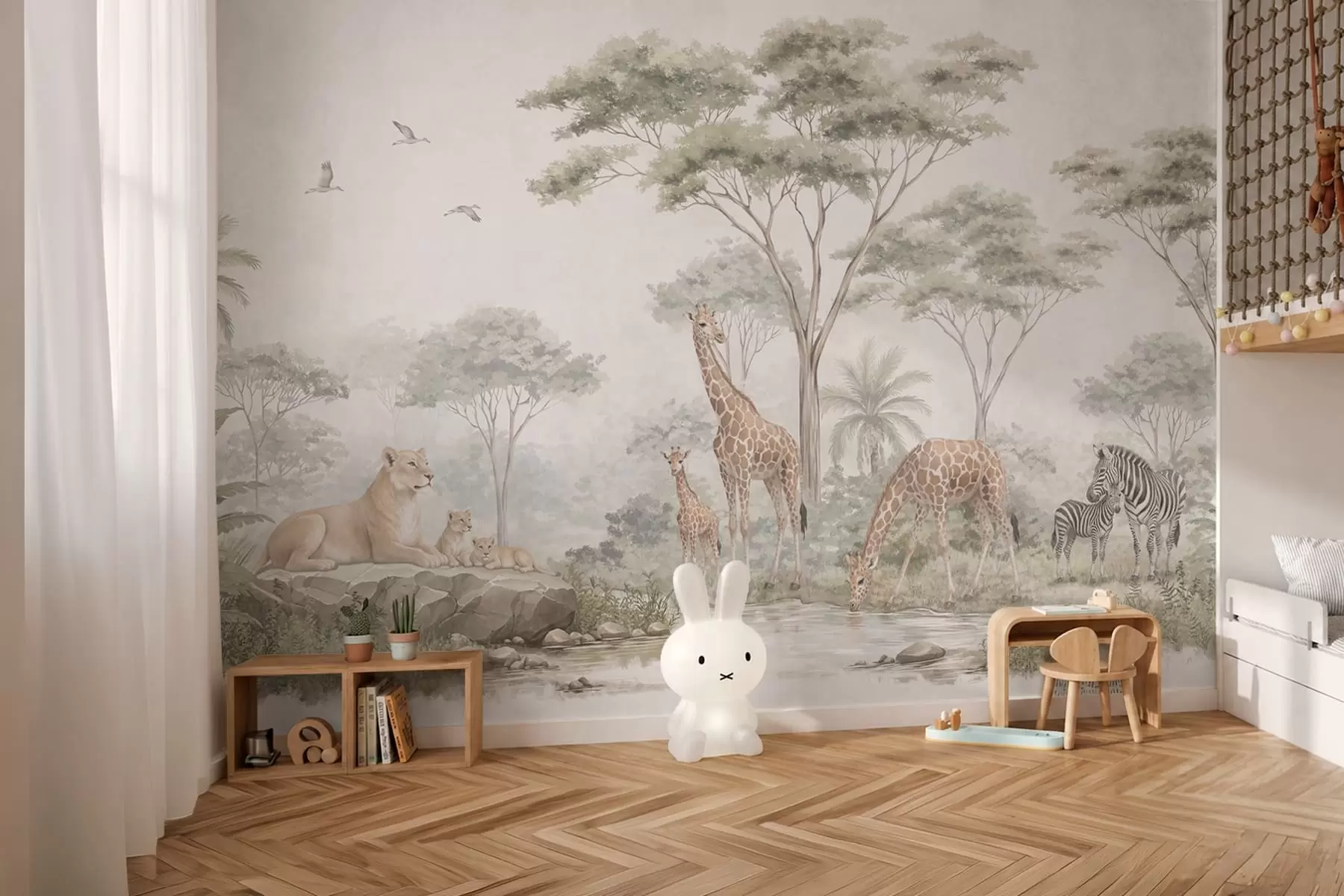 zidne murale Safari sa žirafama, lavovima, zebrama i tropskim drvećem w05804