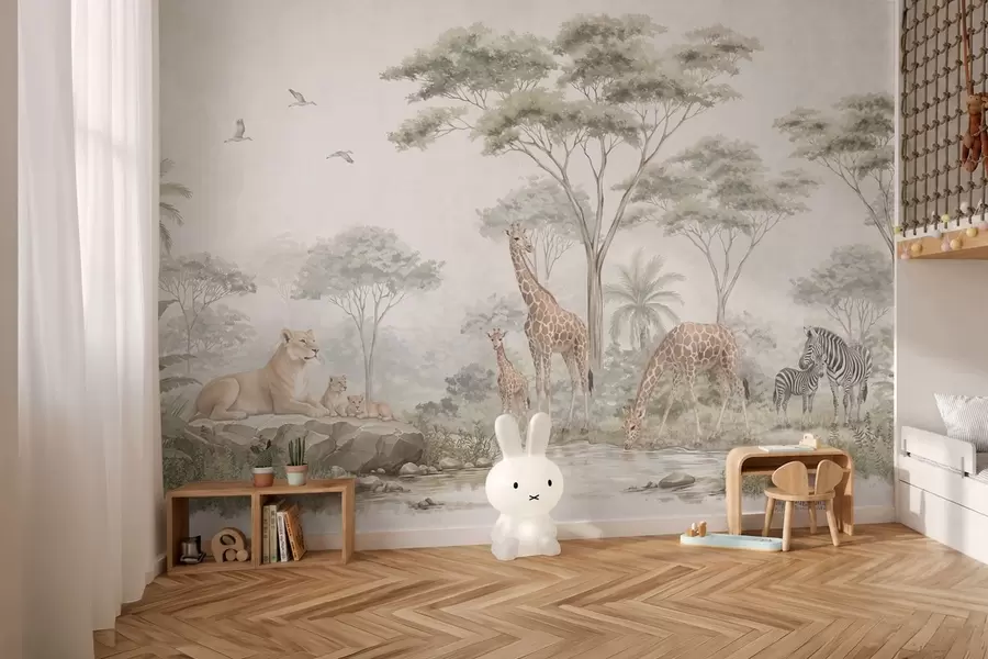 zidne murale Safari sa žirafama, lavovima, zebrama i tropskim drvećem w05804