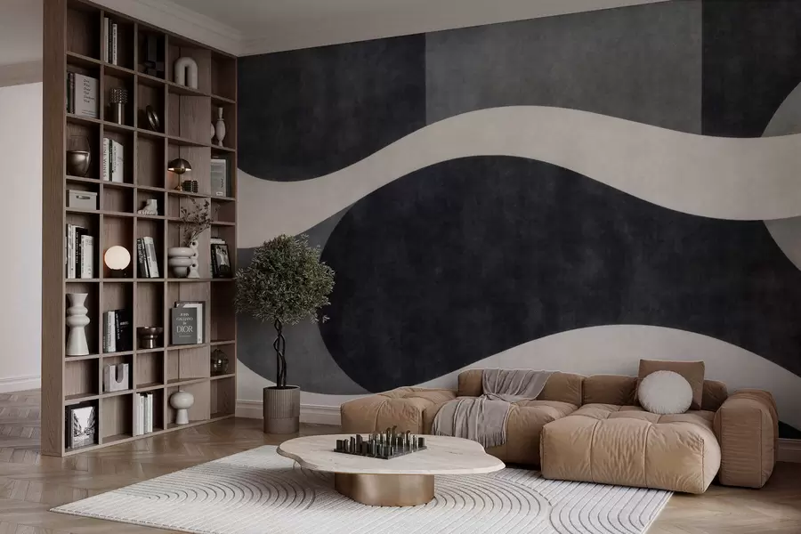 zidne murale Grafit s tekućim blijedim valovima preko dubokih ugljeno sivih oblika w05854