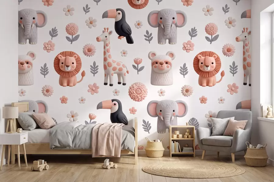 zidne murale Safari u nježnim tonovima: žirafe, lavovi, slonovi i tukani w09994