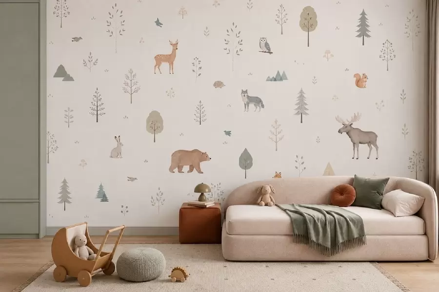 zidne murale Šumske životinje i drveće na svijetloj pozadini w05864