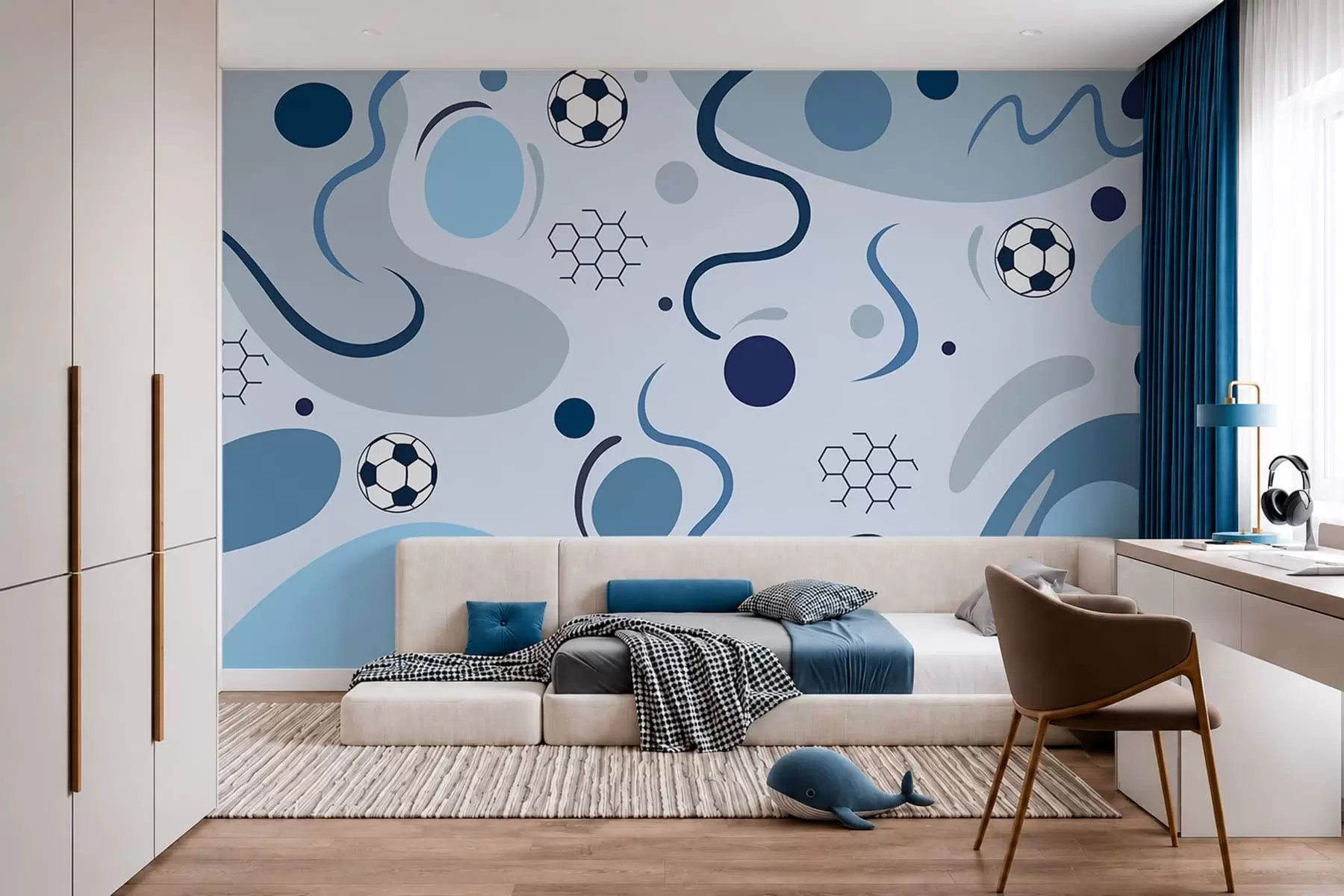 zidne murale Šareni apstraktni oblici, nogometne lopte i dijagrami w05142