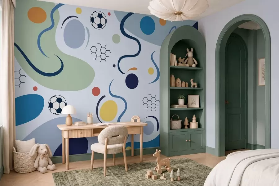 zidne murale Šareni apstraktni oblici, nogometne lopte i linije w05142v1