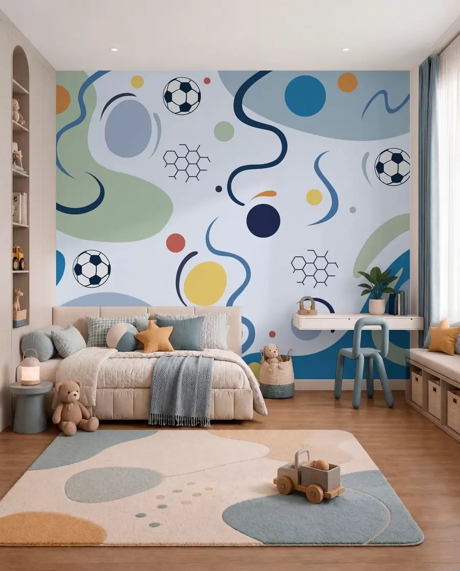 zidne murale Šareni apstraktni oblici, nogometne lopte i linije w05142v1