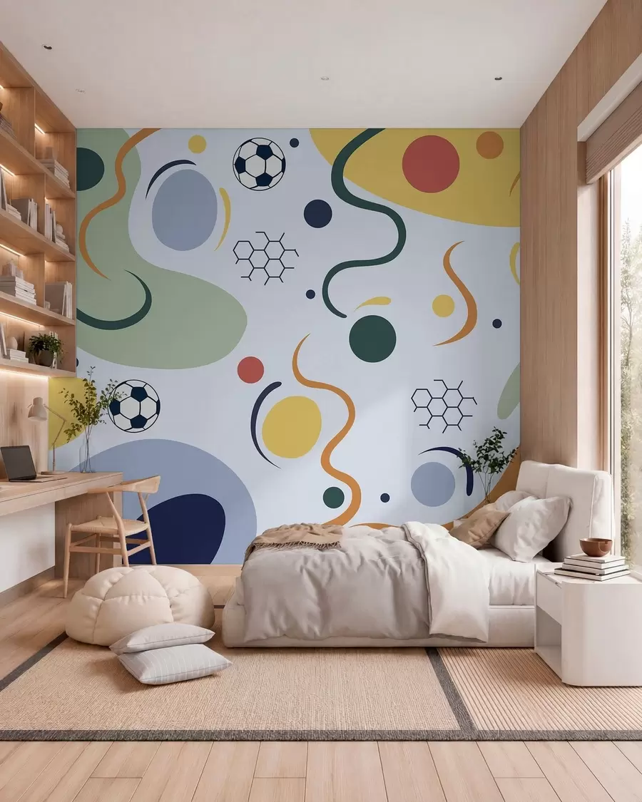 zidne murale Apstraktni oblici, nogometne lopte, linije i krugovi w05142v2