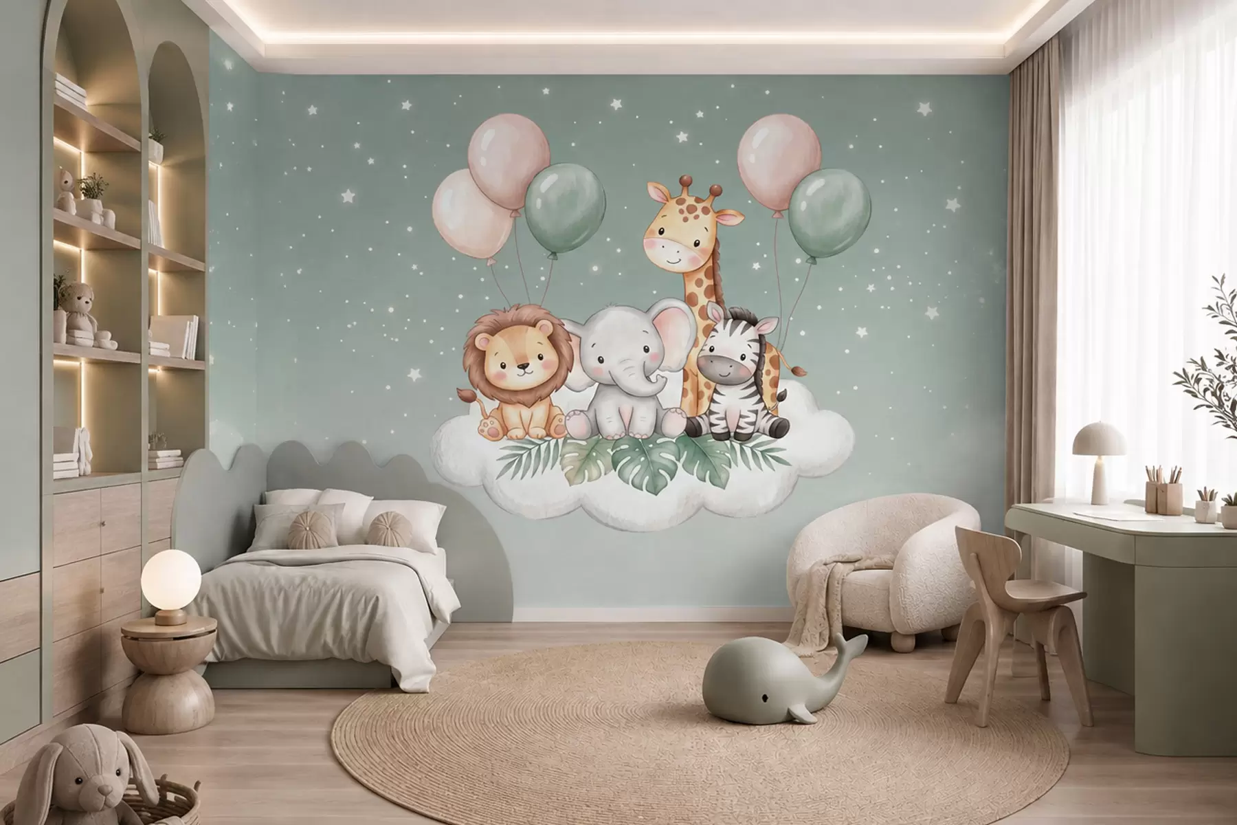 zidne murale Prijateljske safari životinje na pahuljastim oblacima u mekim pastelnim tonovima, u stilu akvarela w10004