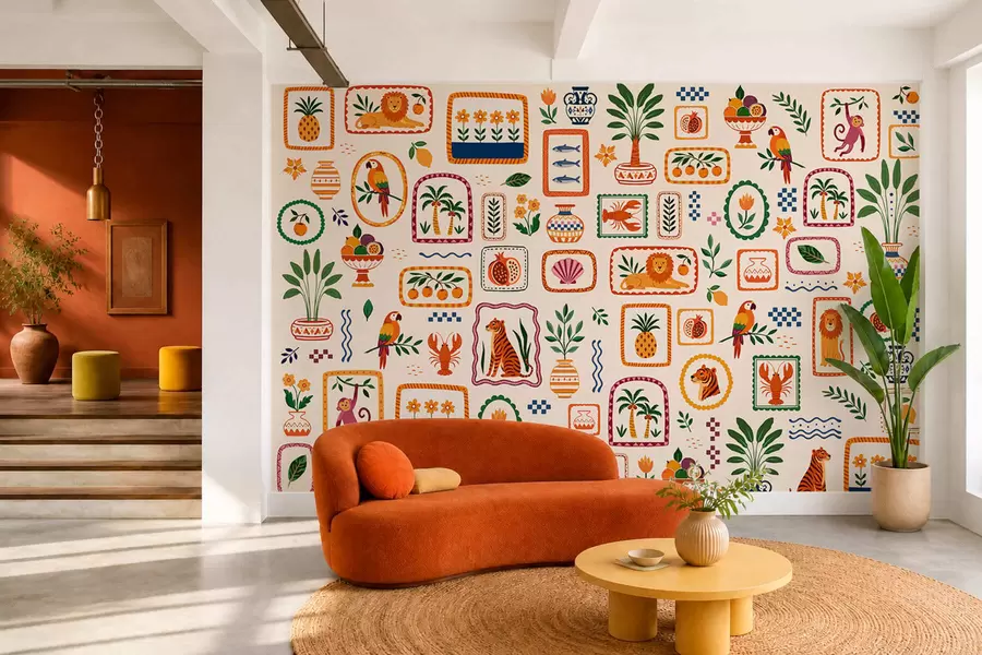 zidne murale Šareni uzorak sa životinjama, biljkama i voćem w05885