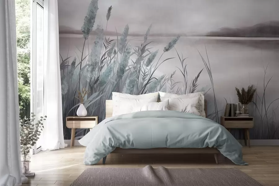 zidne murale Visoka, suha trava i trska u prvom planu, teksturirani krajolik, pastelne boje w10017v1