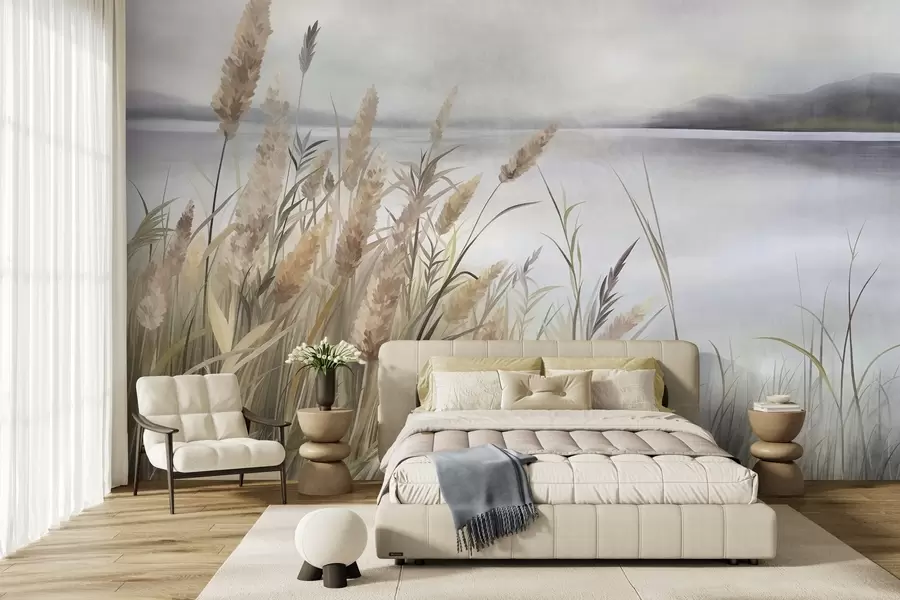 zidne murale Visoka, suha trava i trska u prvom planu, teksturirani krajolik, pastelne boje w10017