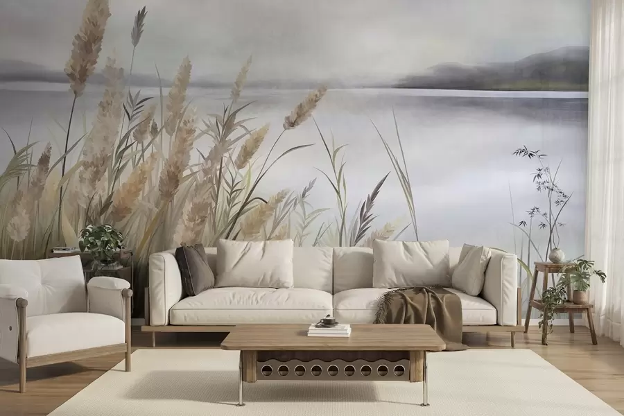 zidne murale Visoka, suha trava i trska u prvom planu, teksturirani krajolik, pastelne boje w10017
