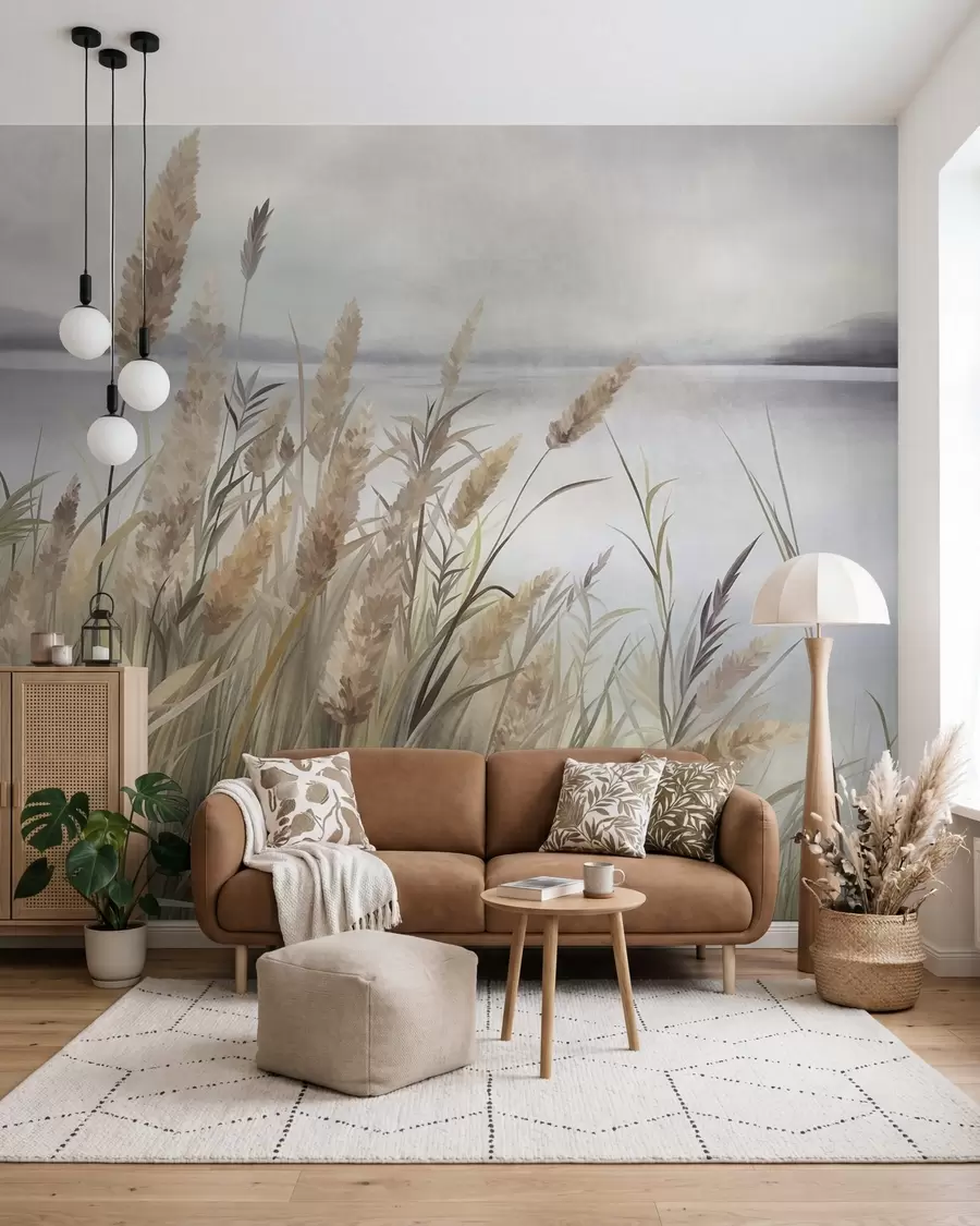 zidne murale Visoka, suha trava i trska u prvom planu, teksturirani krajolik, pastelne boje w10017
