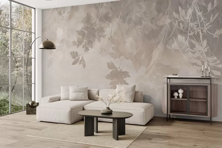 zidne murale Teksturirano lišće i grane na mekoj, prigušenoj bež pozadini w10020