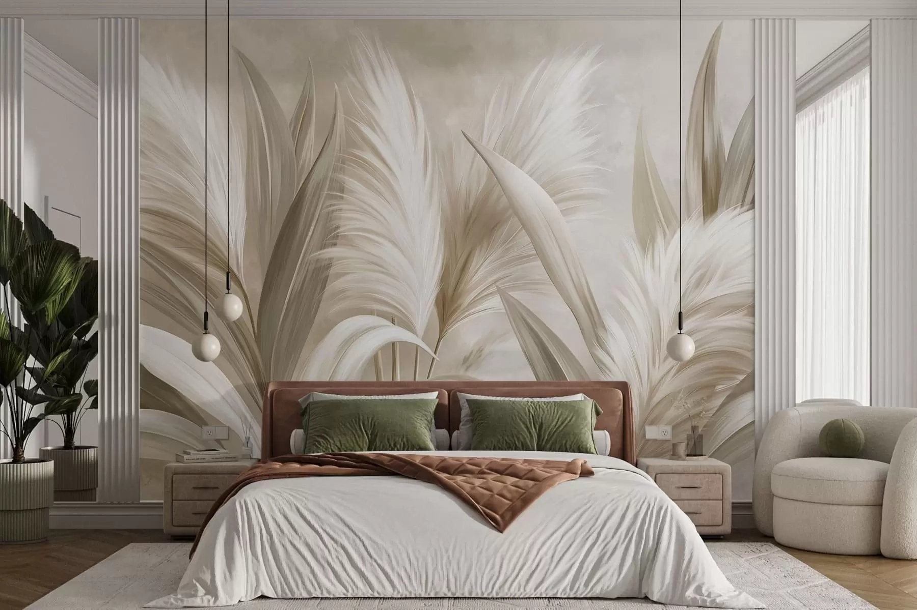 zidne murale Blijedi ukrasni listovi i pernati cvjetovi w05863